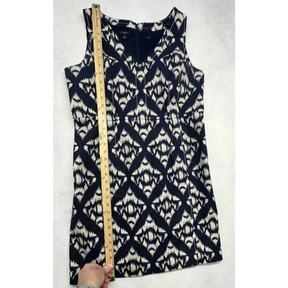 Talbots Womens Dress 14 P Blue Cream Ikat Print Lined Sleeveless Sheath Stretch - Picture 5 of 12